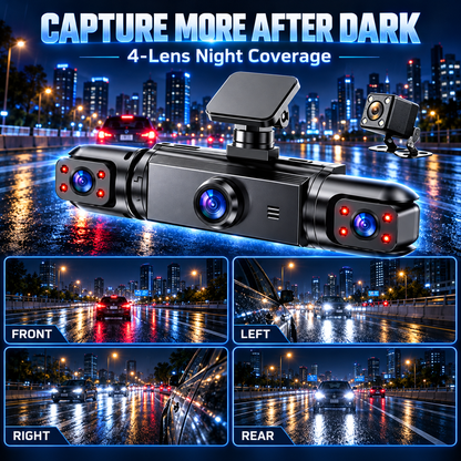 🚗📸 4-Lens 1080P Dash Cam — See Front, Left, Right & Rear in One Drive