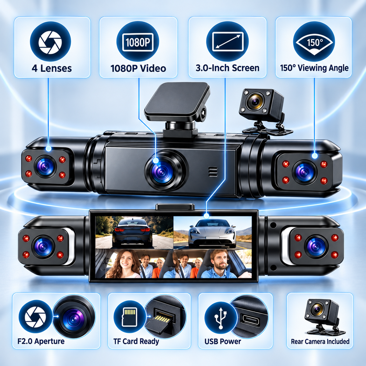 🚗📸 4-Lens 1080P Dash Cam — See Front, Left, Right & Rear in One Drive