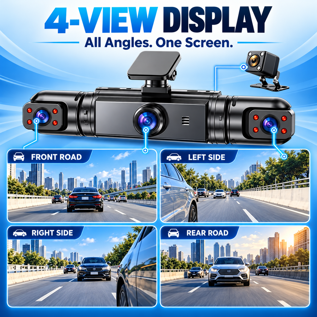 🚗📸 4-Lens 1080P Dash Cam — See Front, Left, Right & Rear in One Drive