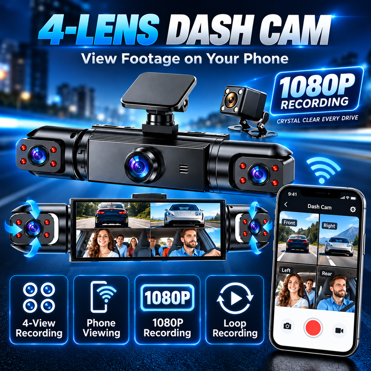🚗📸 4-Lens 1080P Dash Cam — See Front, Left, Right & Rear in One Drive