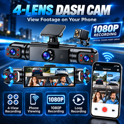 🚗📸 4-Lens 1080P Dash Cam — See Front, Left, Right & Rear in One Drive