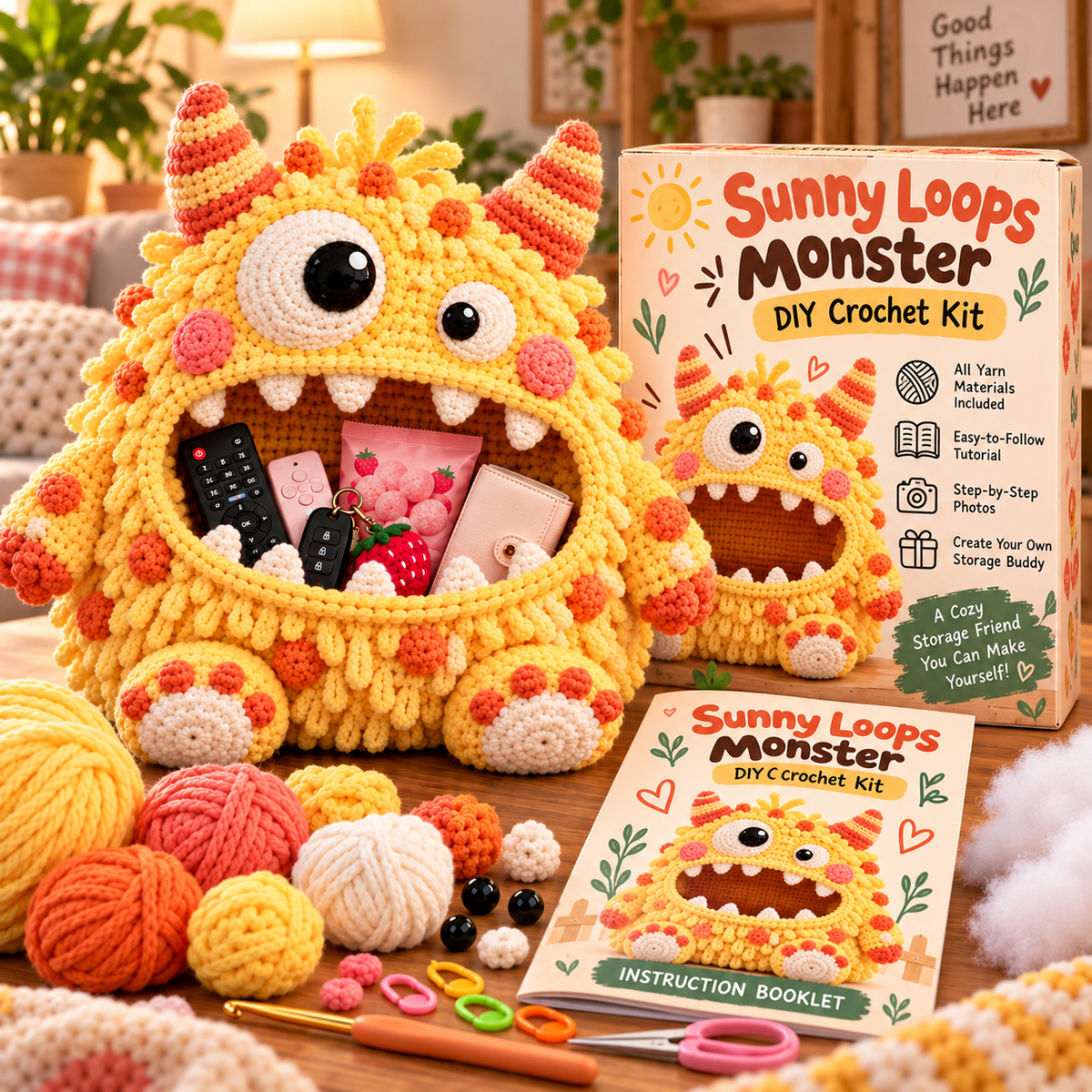 🔥 Last Day 49% OFF-👾 Hungry Monster DIY Crochet Storage Basket Kit for Couch & Desk Clutter 🧶
