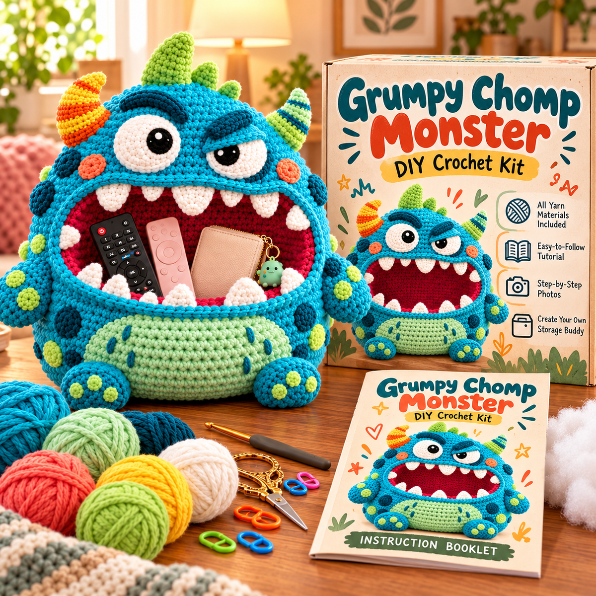 🔥 Last Day 49% OFF-👾 Hungry Monster DIY Crochet Storage Basket Kit for Couch & Desk Clutter 🧶