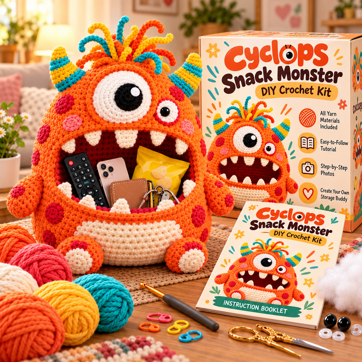 🔥 Last Day 49% OFF-👾 Hungry Monster DIY Crochet Storage Basket Kit for Couch & Desk Clutter 🧶