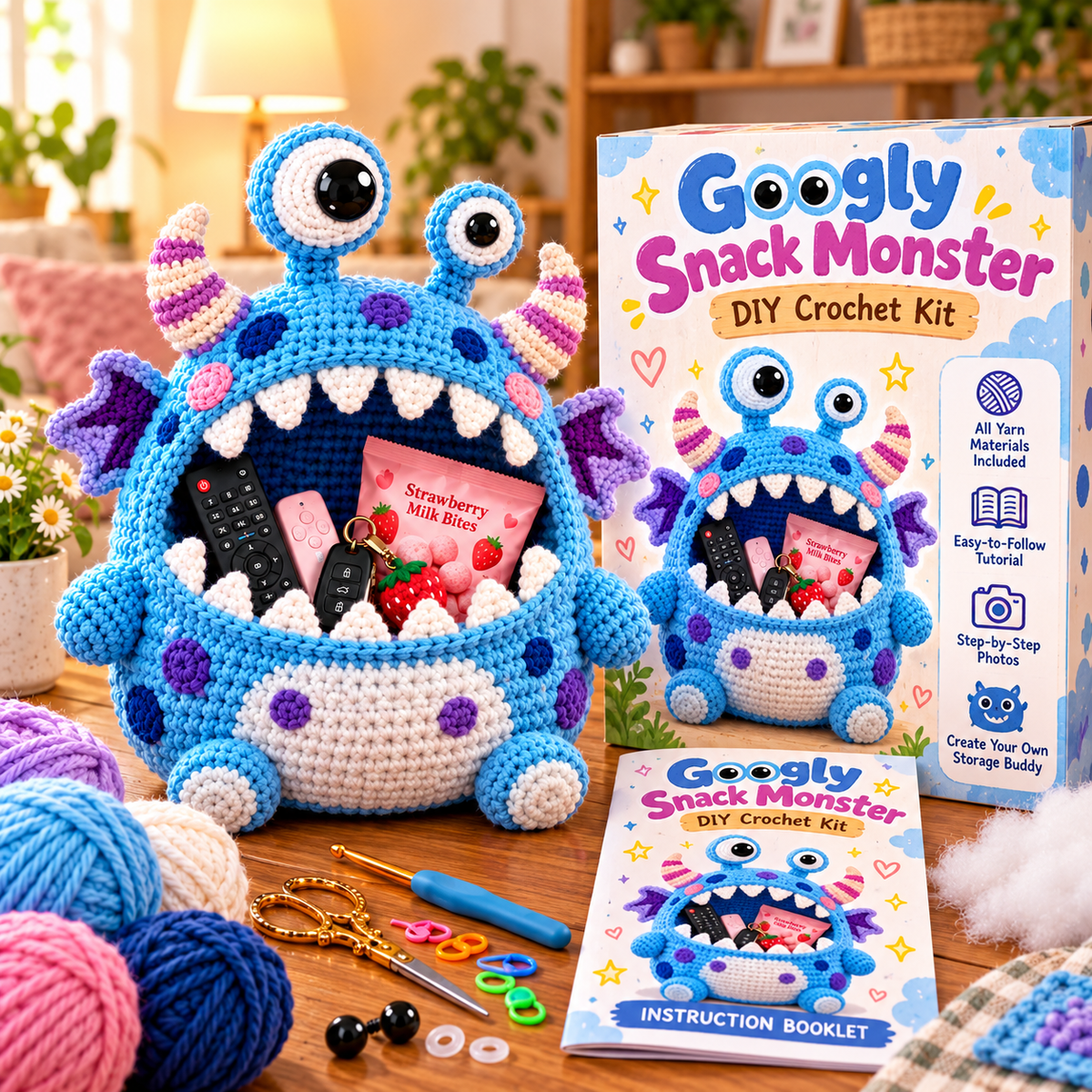 🔥 Last Day 49% OFF-👾 Hungry Monster DIY Crochet Storage Basket Kit for Couch & Desk Clutter 🧶