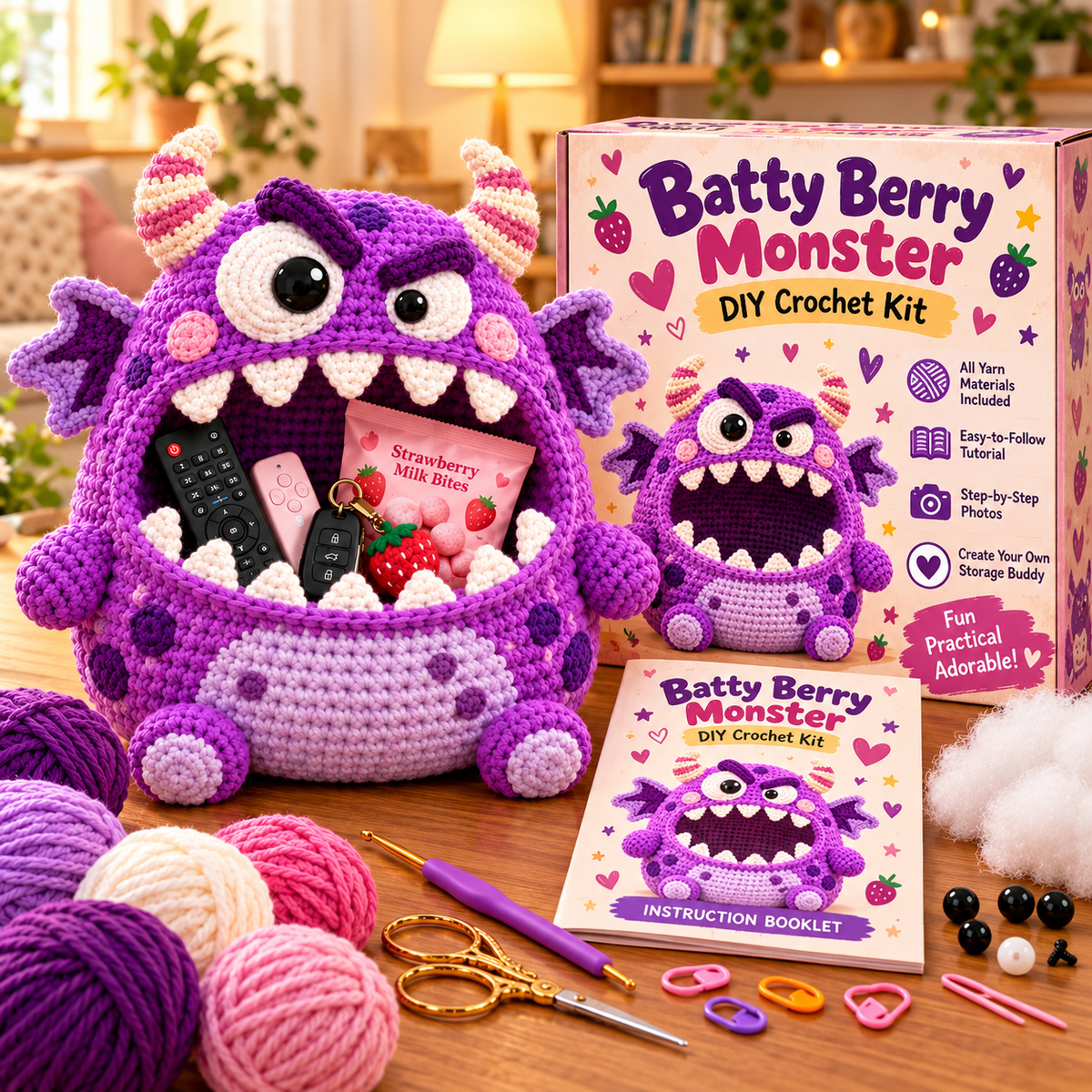 🔥 Last Day 49% OFF-👾 Hungry Monster DIY Crochet Storage Basket Kit for Couch & Desk Clutter 🧶