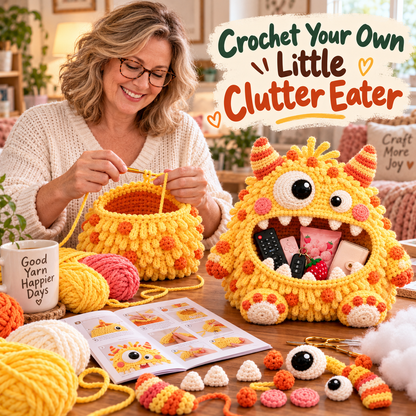 🔥 Last Day 49% OFF-👾 Hungry Monster DIY Crochet Storage Basket Kit for Couch & Desk Clutter 🧶