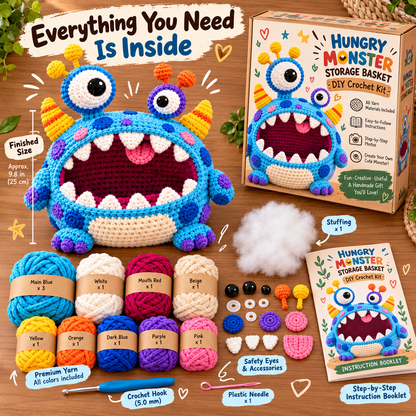 🔥 Last Day 49% OFF-👾 Hungry Monster DIY Crochet Storage Basket Kit for Couch & Desk Clutter 🧶