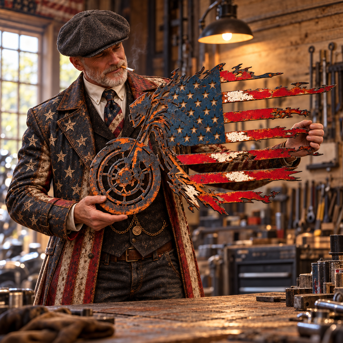 🏍️ Vintage American Flag Motorcycle Metal Wall Art for Man Cave & Garage ⚙️