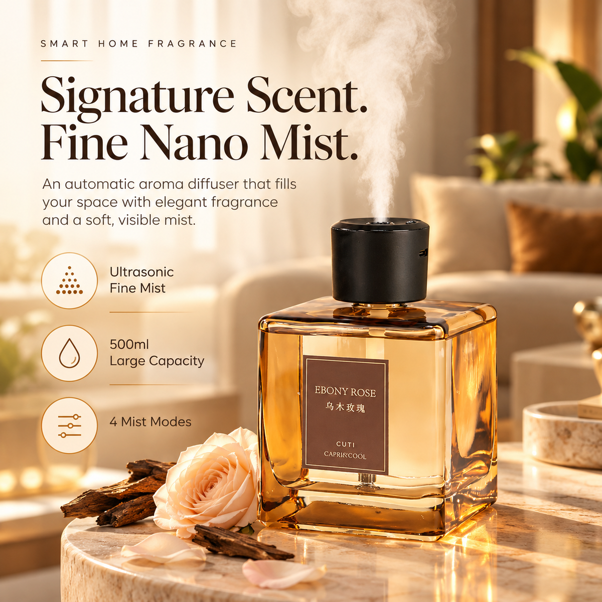🌹 EBONY ROSE 500mL Aroma Diffuser ✨ 4-Mode Fine Mist Home Fragrance