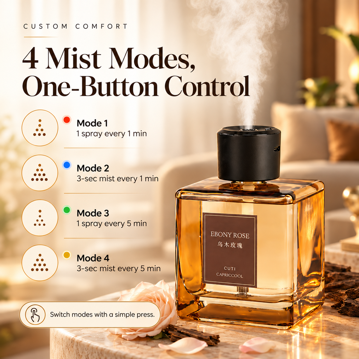 🌹 EBONY ROSE 500mL Aroma Diffuser ✨ 4-Mode Fine Mist Home Fragrance