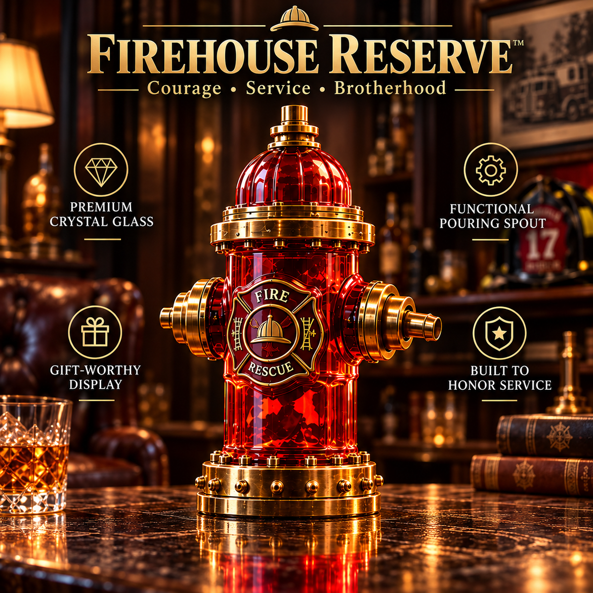 🚒 Firehouse Reserve™ Firefighter Tribute Red Hydrant Whiskey Decanter with Gold Accents 🎖️