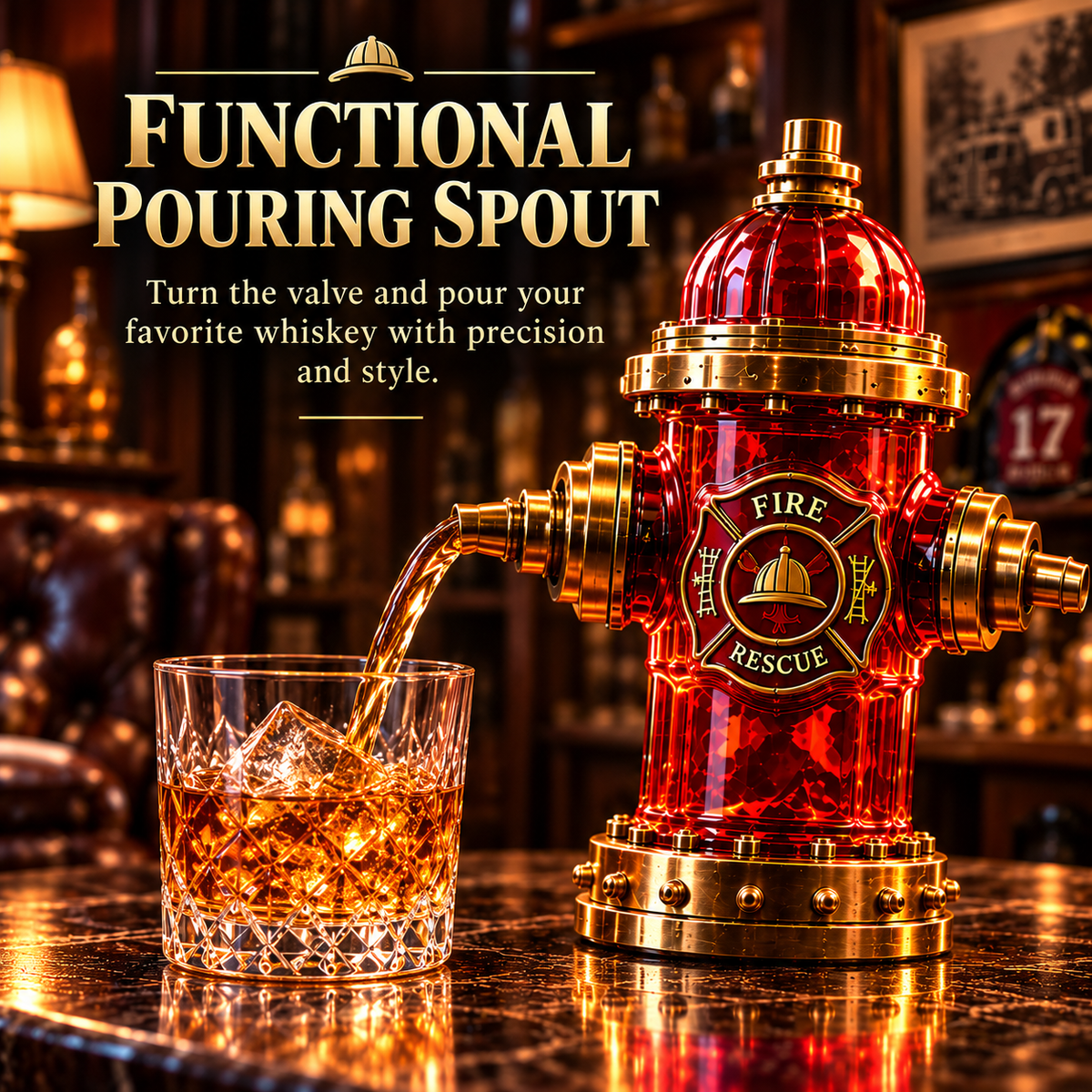 🚒 Firehouse Reserve™ Firefighter Tribute Red Hydrant Whiskey Decanter with Gold Accents 🎖️