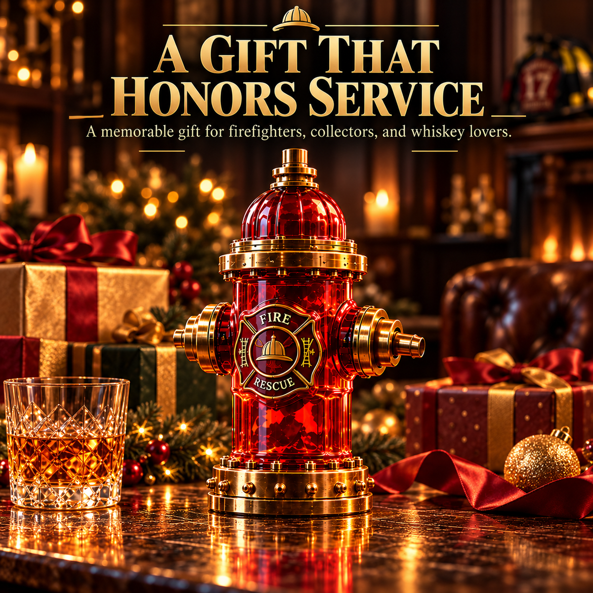 🚒 Firehouse Reserve™ Firefighter Tribute Red Hydrant Whiskey Decanter with Gold Accents 🎖️