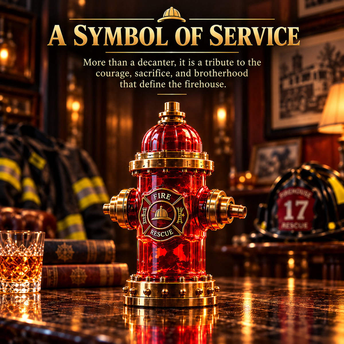 🚒 Firehouse Reserve™ Firefighter Tribute Red Hydrant Whiskey Decanter with Gold Accents 🎖️