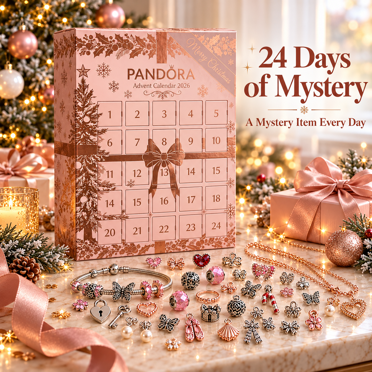 🖤💥 Black Friday Early Access Sale! 🎁 24-Day Christmas Jewelry Advent Calendar with Charms & Rose Gold Gift Box ✨💎