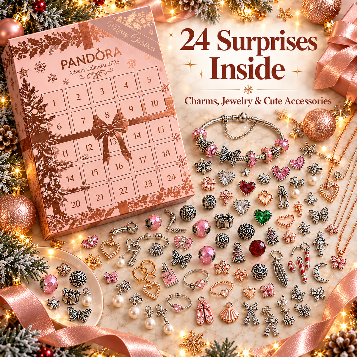 🖤💥 Black Friday Early Access Sale! 🎁 24-Day Christmas Jewelry Advent Calendar with Charms & Rose Gold Gift Box ✨💎