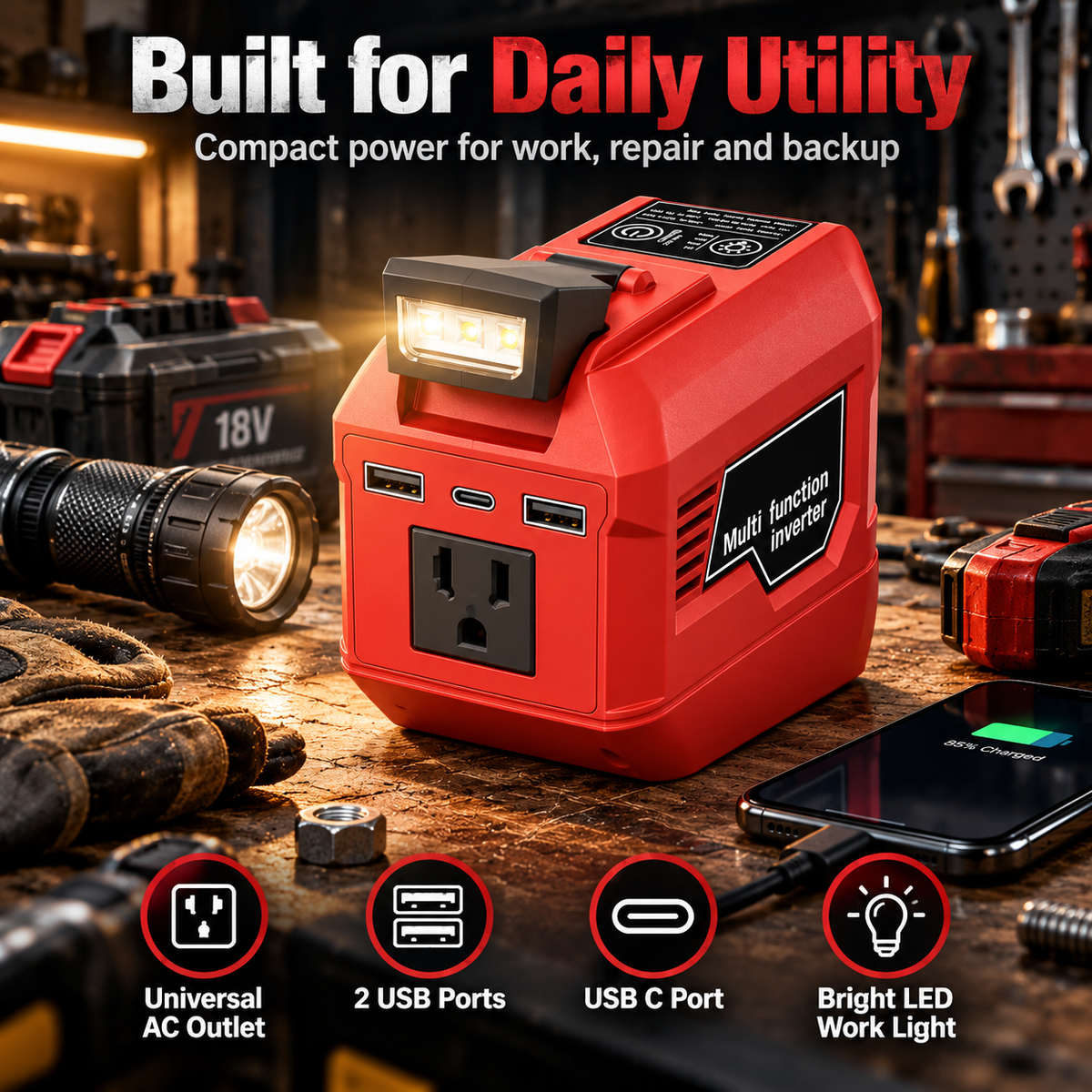 🔥250W Portable Power Inverter – Turn 18V–21V Tool Batteries Into 220V AC Power 🔋