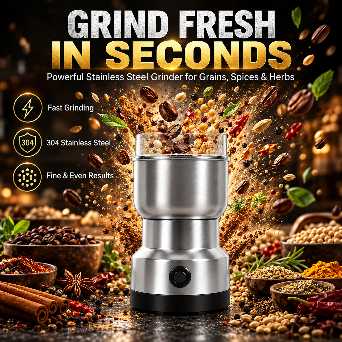 🚀 High-Speed Electric Grain & Spice Grinder – Stainless Steel Dual-Blade Mill for Coffee Beans, Grains, Herbs & Fresh Homemade Flour 🌾☕
