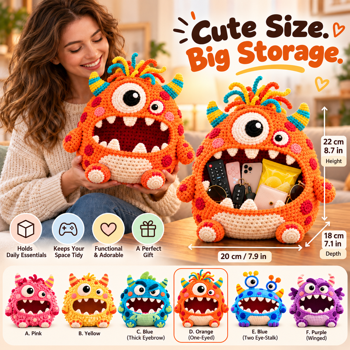 🔥 Last Day 49% OFF-👾 Hungry Monster DIY Crochet Storage Basket Kit for Couch & Desk Clutter 🧶