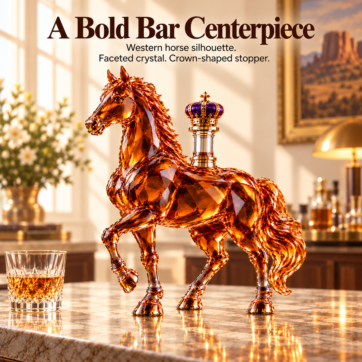 🐎 Wild Horse Crystal Whiskey Decanter – Western Collector’s Bottle with Crown Stopper👑