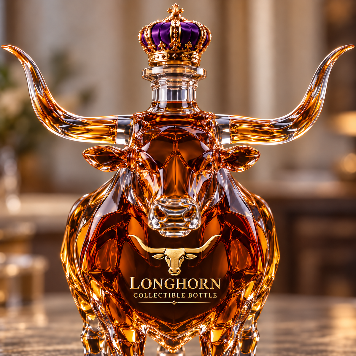 👑 Crowned Longhorn Collector Bottle – Bold Texas Display Piece 🤘