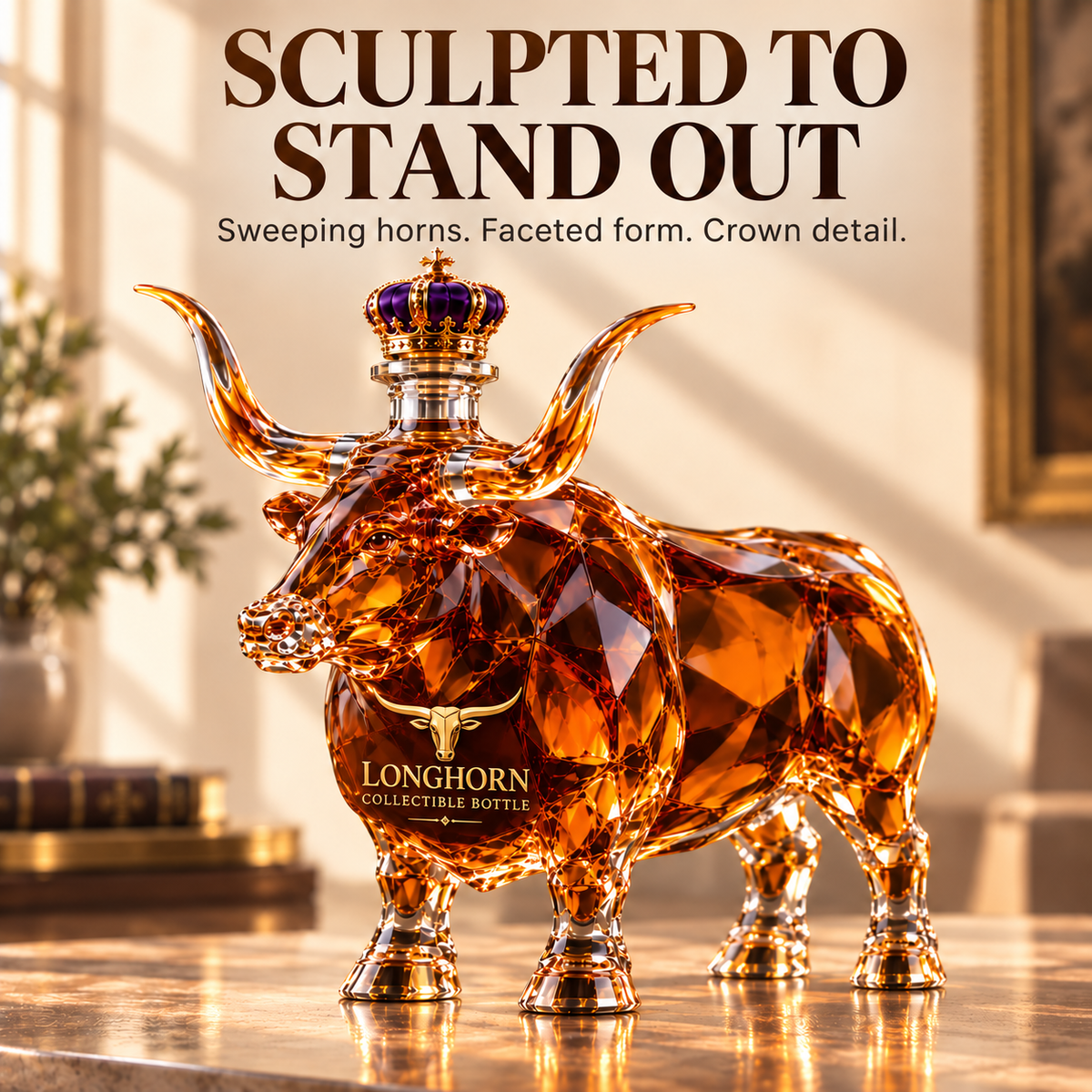 👑 Crowned Longhorn Collector Bottle – Bold Texas Display Piece 🤘