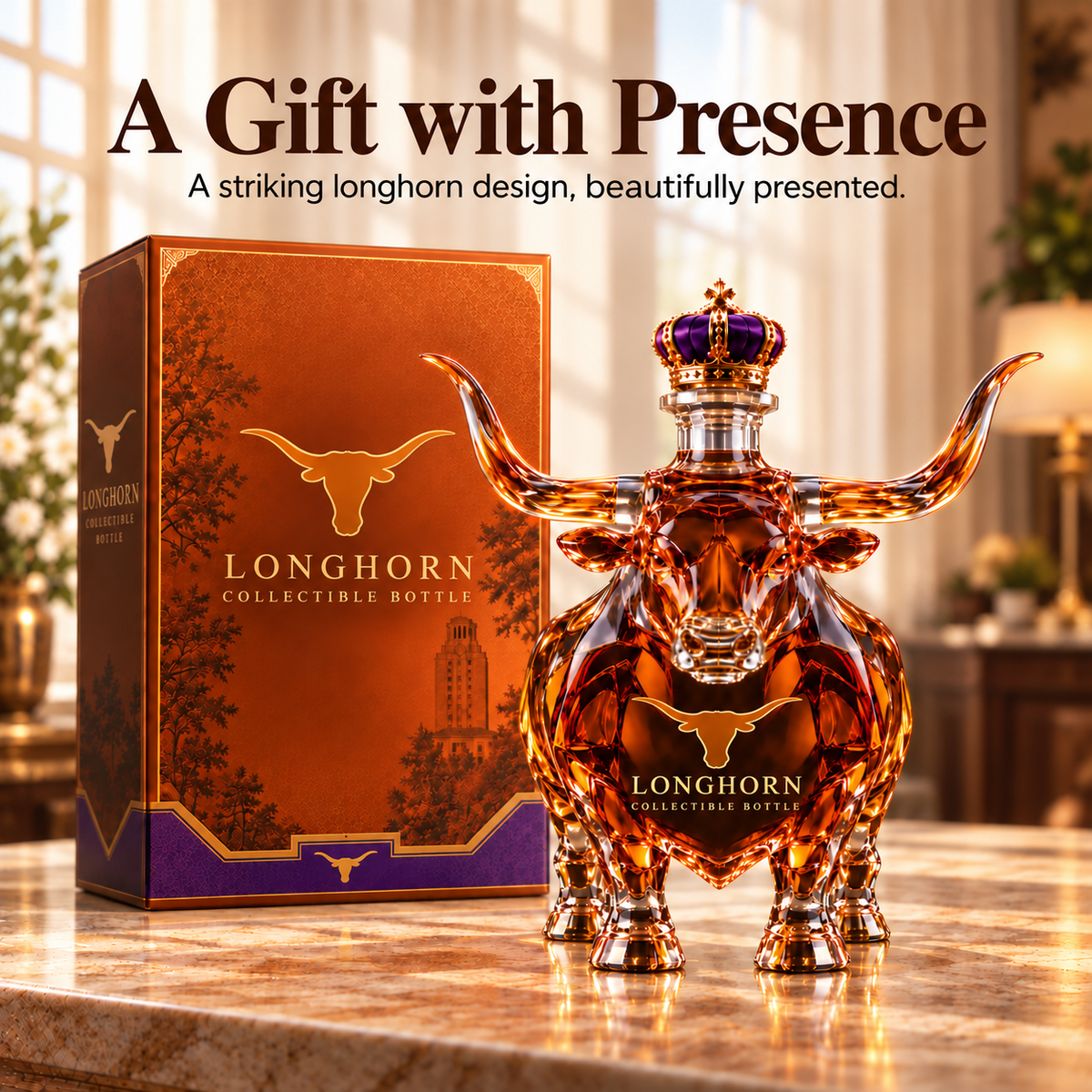 👑 Crowned Longhorn Collector Bottle – Bold Texas Display Piece 🤘