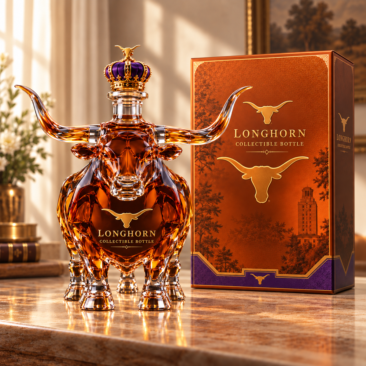 👑 Crowned Longhorn Collector Bottle – Bold Texas Display Piece 🤘
