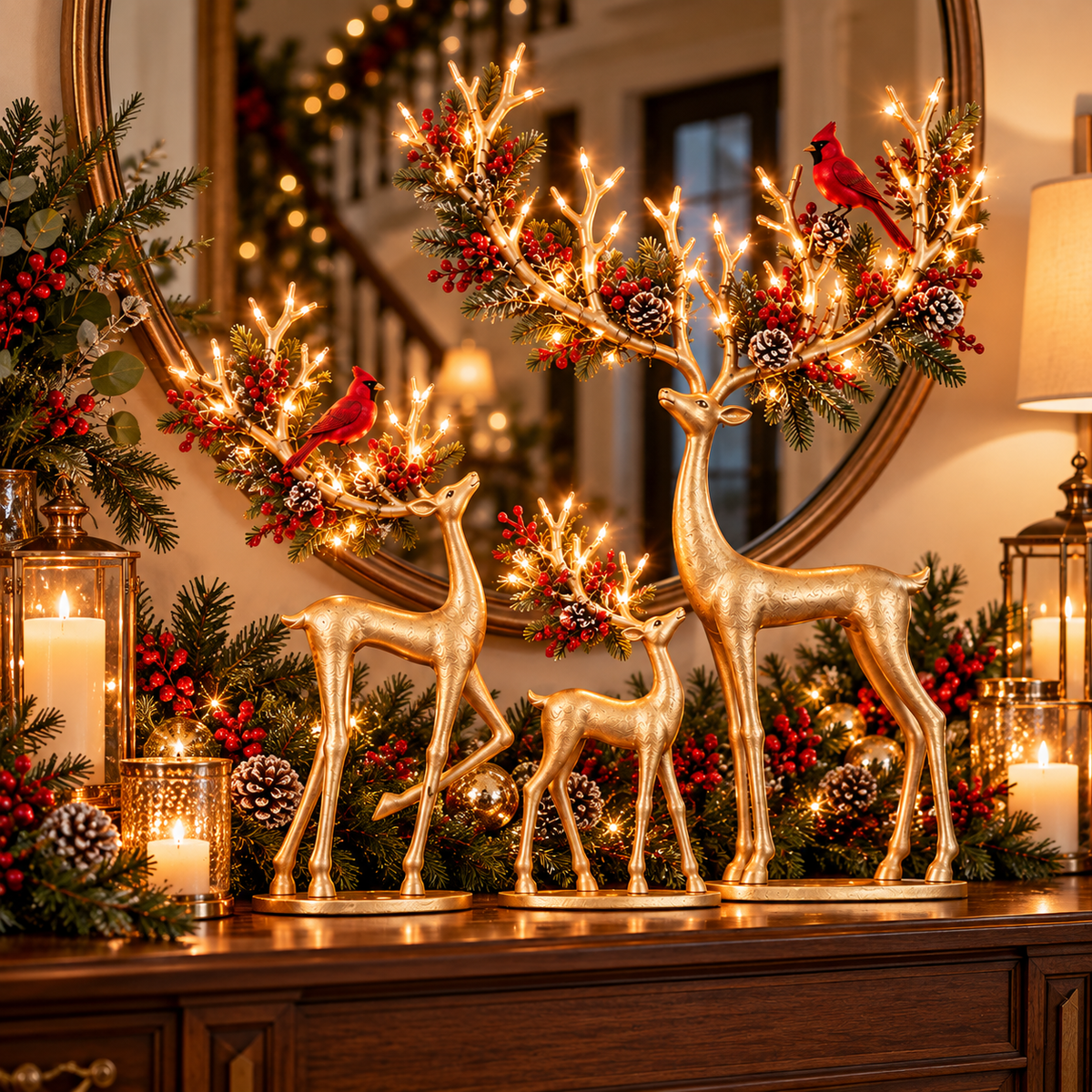 🦌❤️ Forest Cardinal Gold Reindeer — Illuminated Christmas Reindeer Decoration