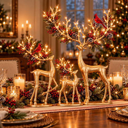 🦌❤️ Forest Cardinal Gold Reindeer — Illuminated Christmas Reindeer Decoration