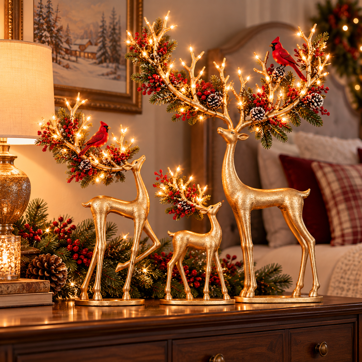 ✨ Cardinal Woodland Reindeer™ – Lighted Golden Christmas Deer Decorations