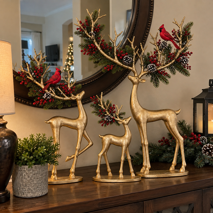 ✨ Cardinal Woodland Reindeer™ – Lighted Golden Christmas Deer Decorations