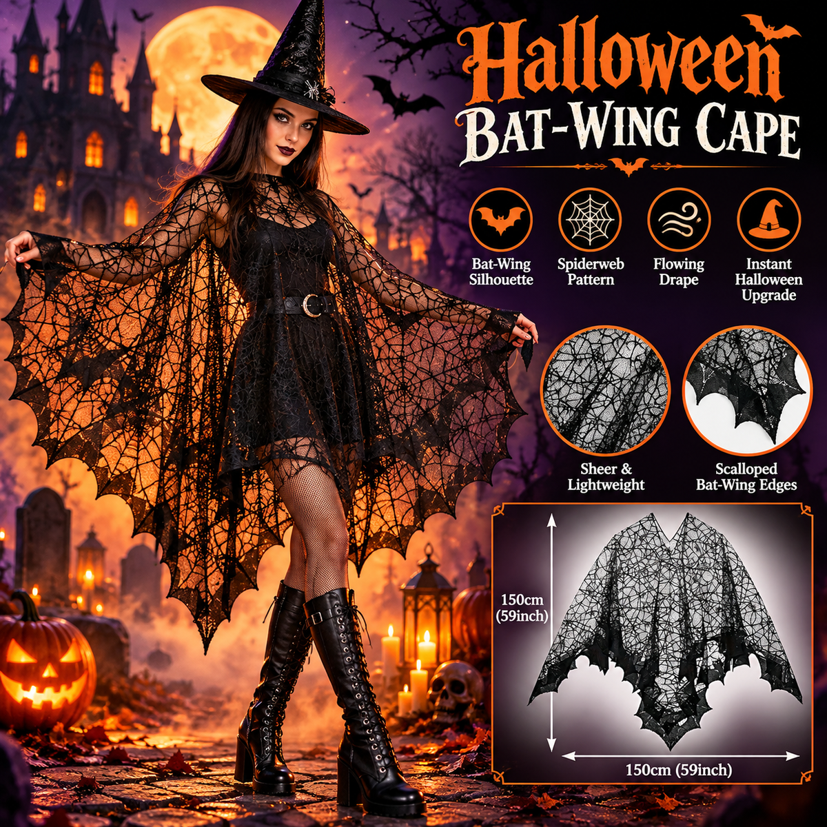 Women's Black Magic Spider Web Bat Cloak🦇