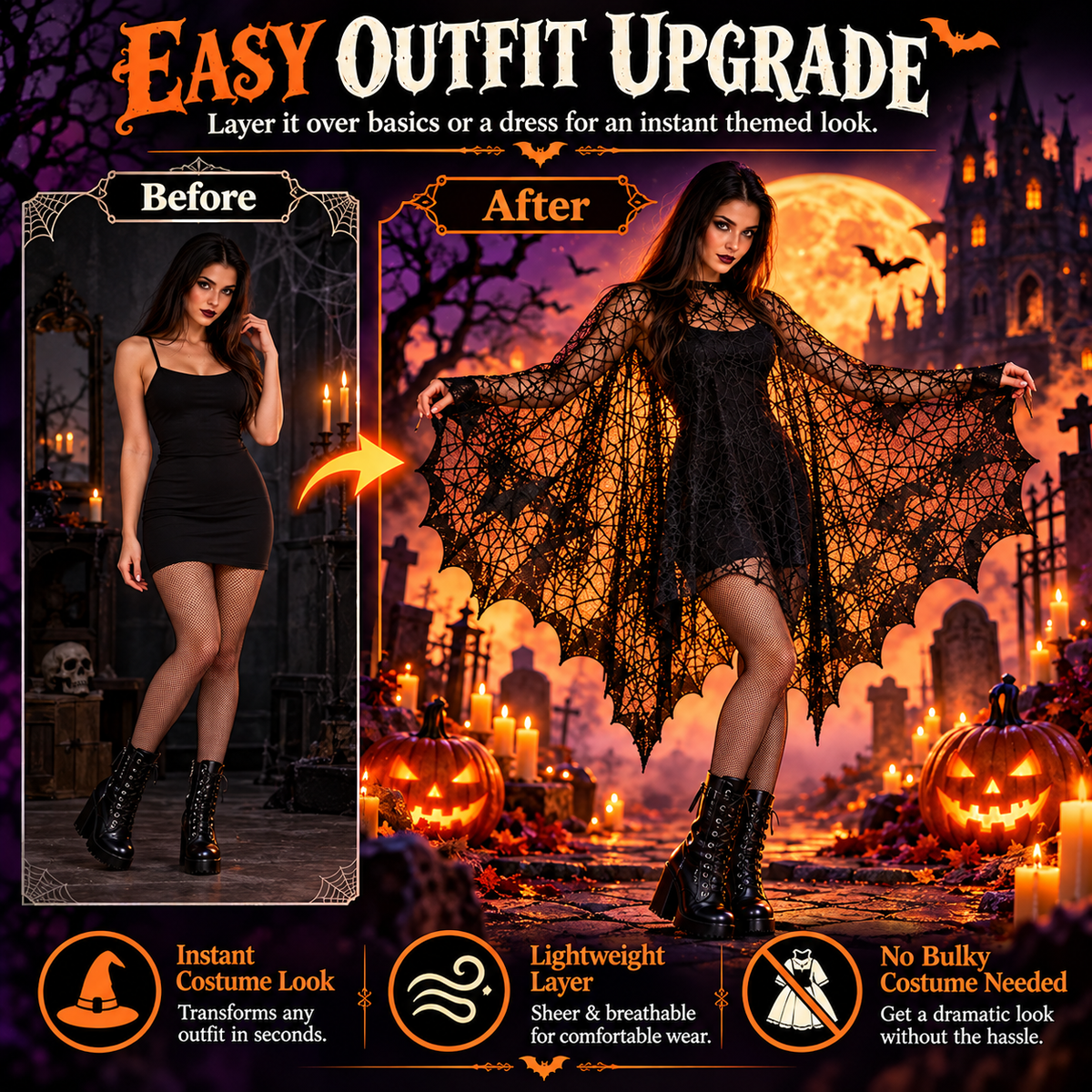 Women's Black Magic Spider Web Bat Cloak🦇