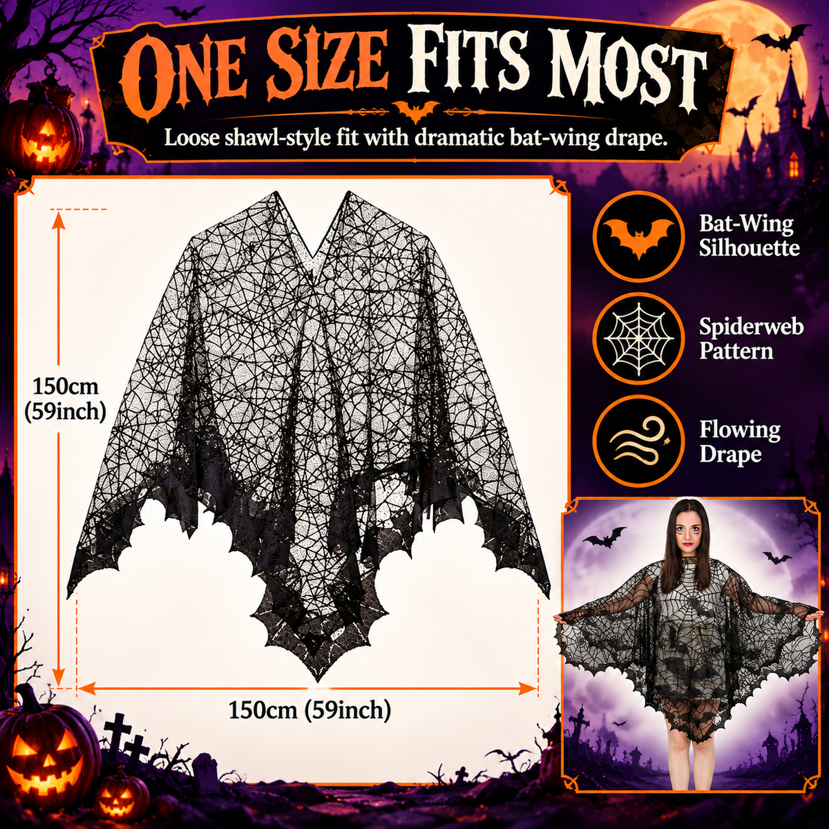 Women's Black Magic Spider Web Bat Cloak🦇