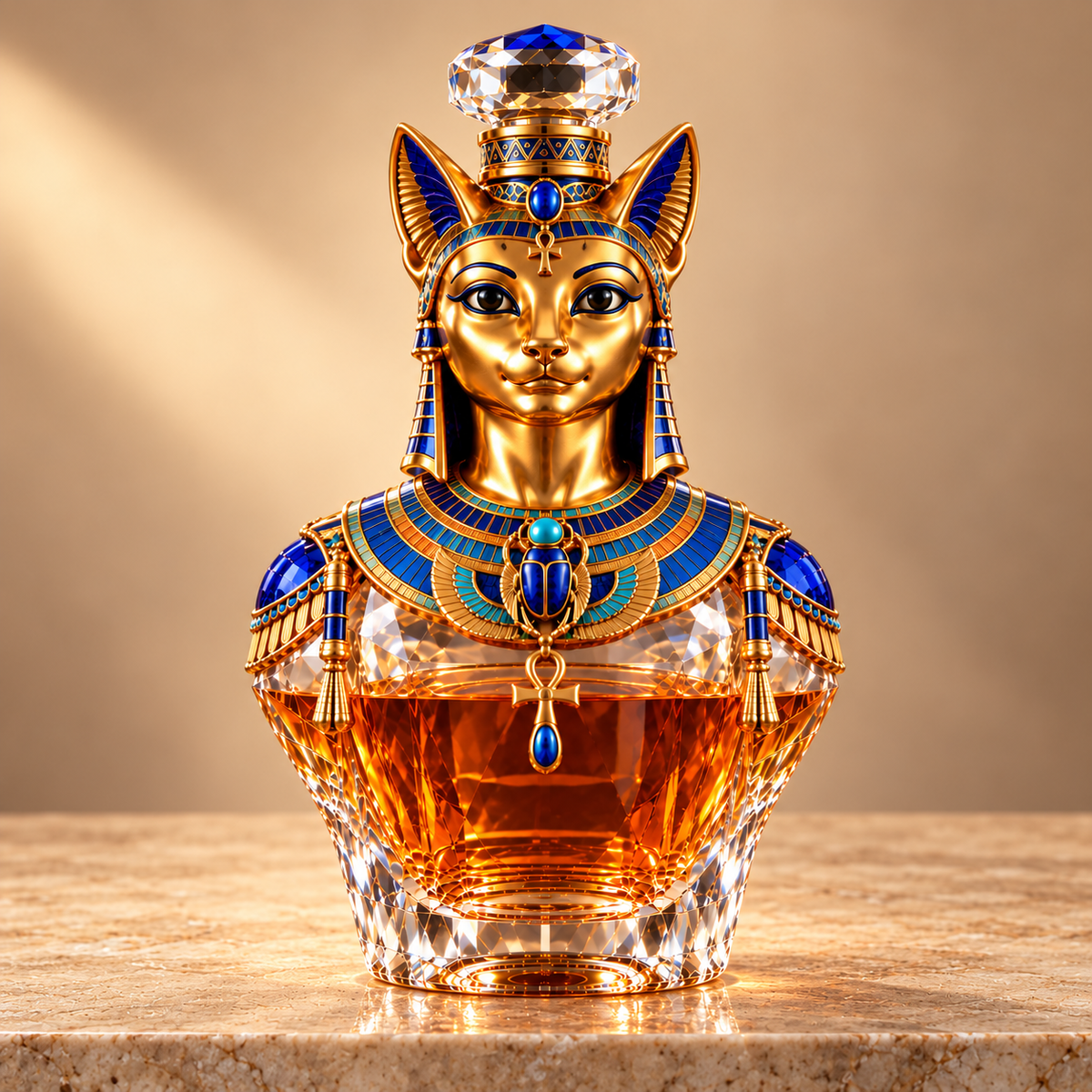 🐈Bastet’s Golden Grace Whiskey Decanter – Ancient Egyptian Cat Goddess Collectible Bottle🏺