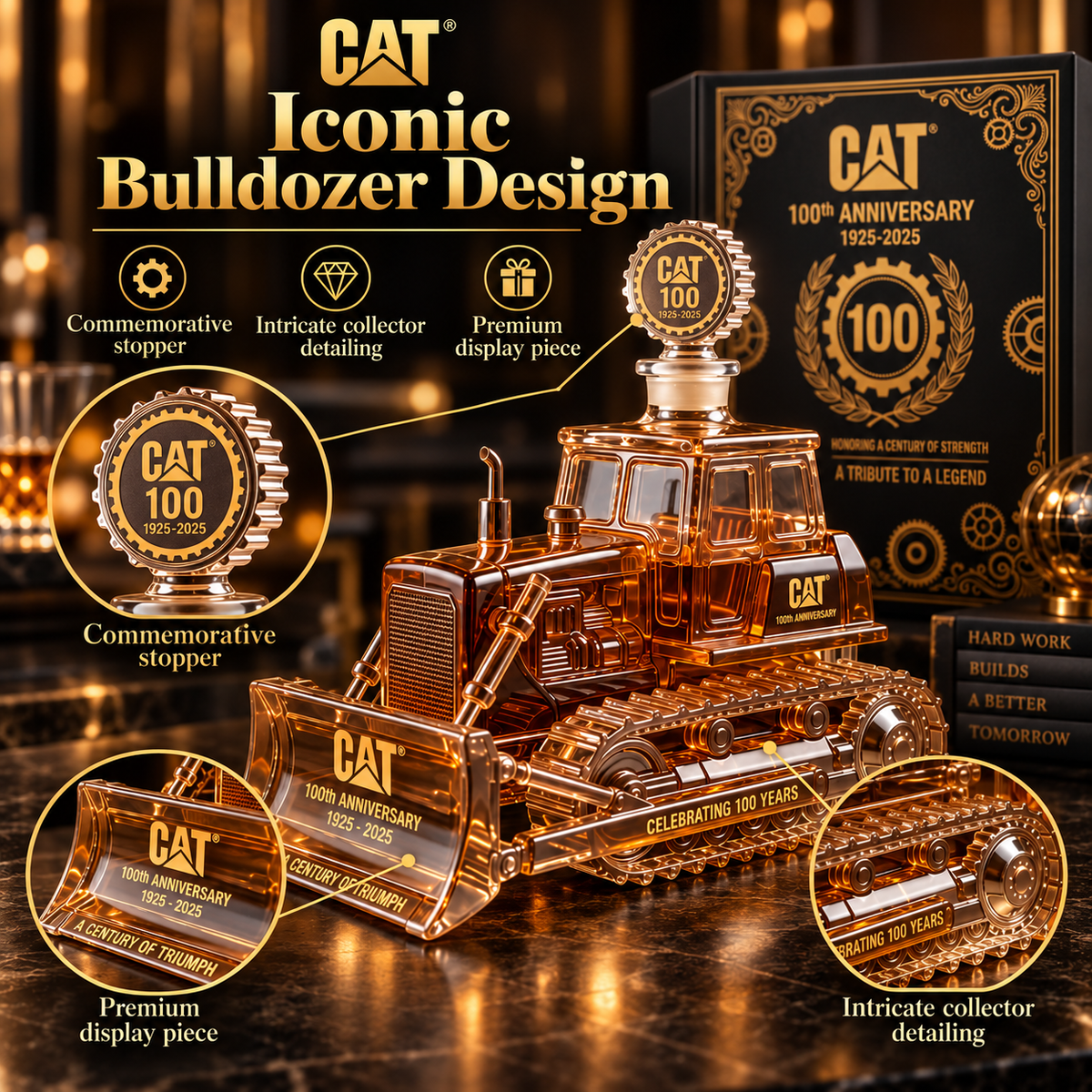 🚜 CAT 100th Anniversary Bulldozer Lead-Free Crystal Whiskey Decanter Collector's Gift 🥃