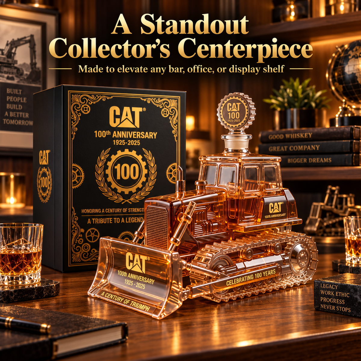 🚜 CAT 100th Anniversary Bulldozer Lead-Free Crystal Whiskey Decanter Collector's Gift 🥃