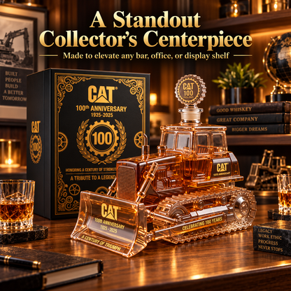 🚜 CAT 100th Anniversary Bulldozer Lead-Free Crystal Whiskey Decanter Collector's Gift 🥃