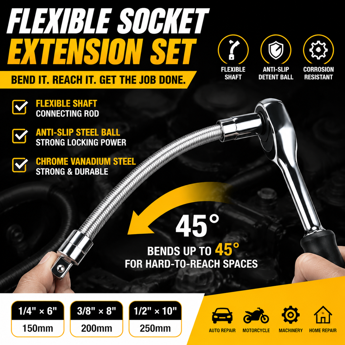 🔥 49% OFF Flexible Universal Wrench Socket 🔧 1/4", 3/8" & 1/2"
