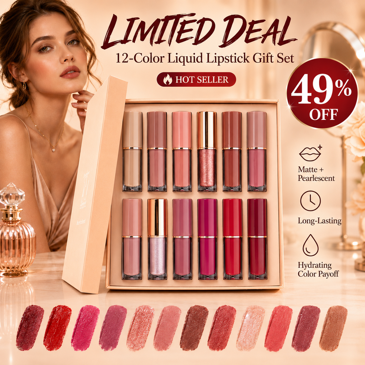 💄 49% OFF 12-Piece Liquid Lipstick Set ✨ Matte Pearlescent Gift Collection