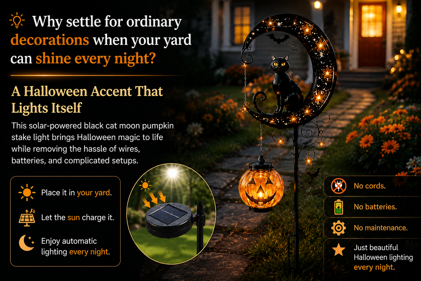 🔥🎃 Solar Black Cat Moon Pumpkin Outdoor Stake Light Transform Your Yard Into A Magical Halloween Wonderland