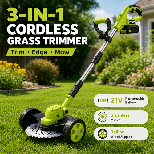 🌿 21V Cordless 3-in-1 Grass Trimmer, Edger & Mini Lawn Mower with 2 Batteries 🔋