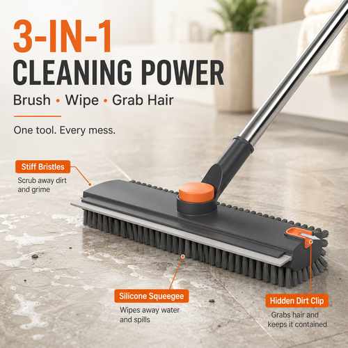 🔥 49% OFF 3-in-1 Long Handle Floor Scrub Brush 🧹 Scrub, Squeegee & Grab Hair