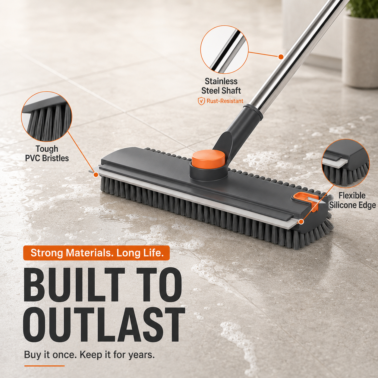 🔥 49% OFF 3-in-1 Long Handle Floor Scrub Brush 🧹 Scrub, Squeegee & Grab Hair