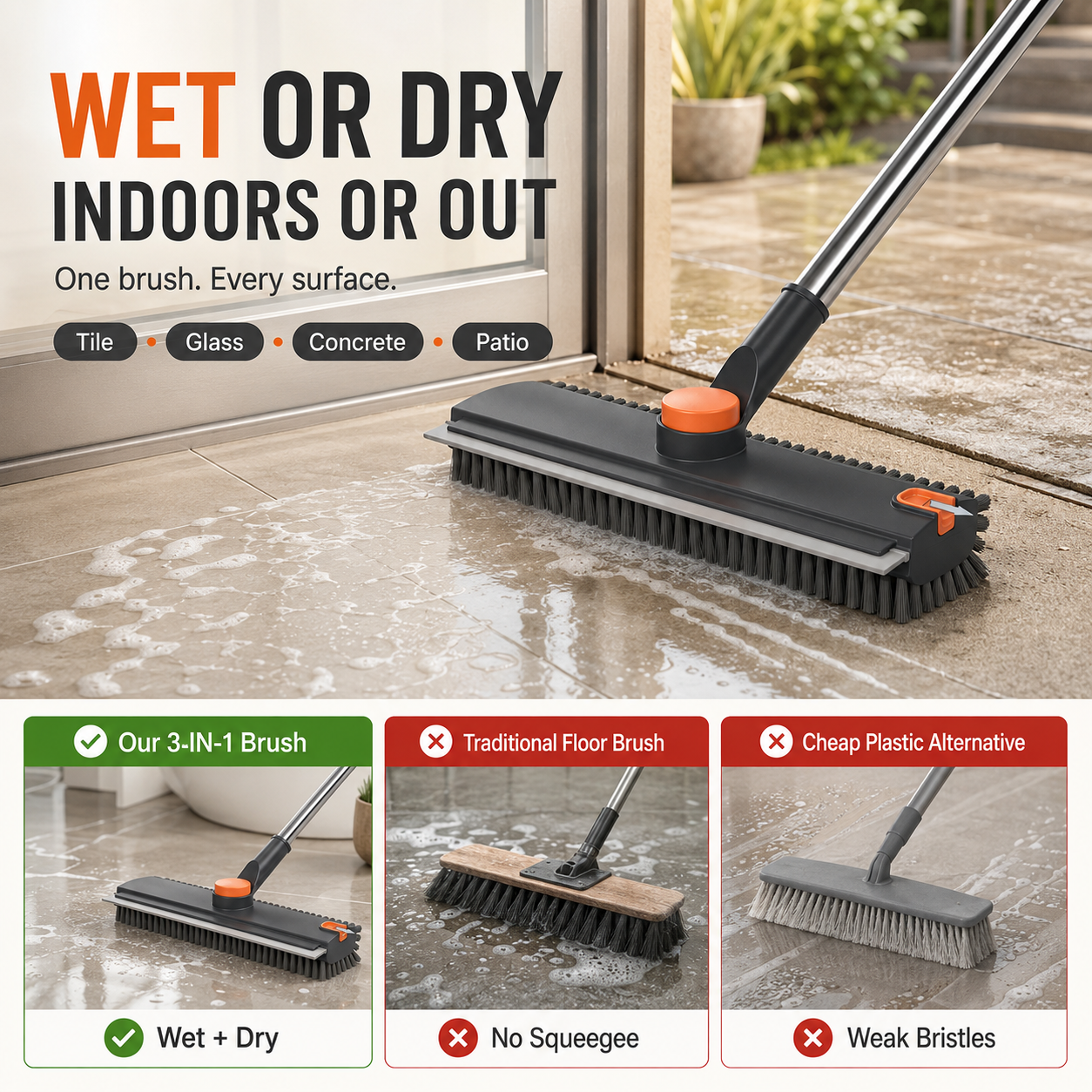 🔥 49% OFF 3-in-1 Long Handle Floor Scrub Brush 🧹 Scrub, Squeegee & Grab Hair