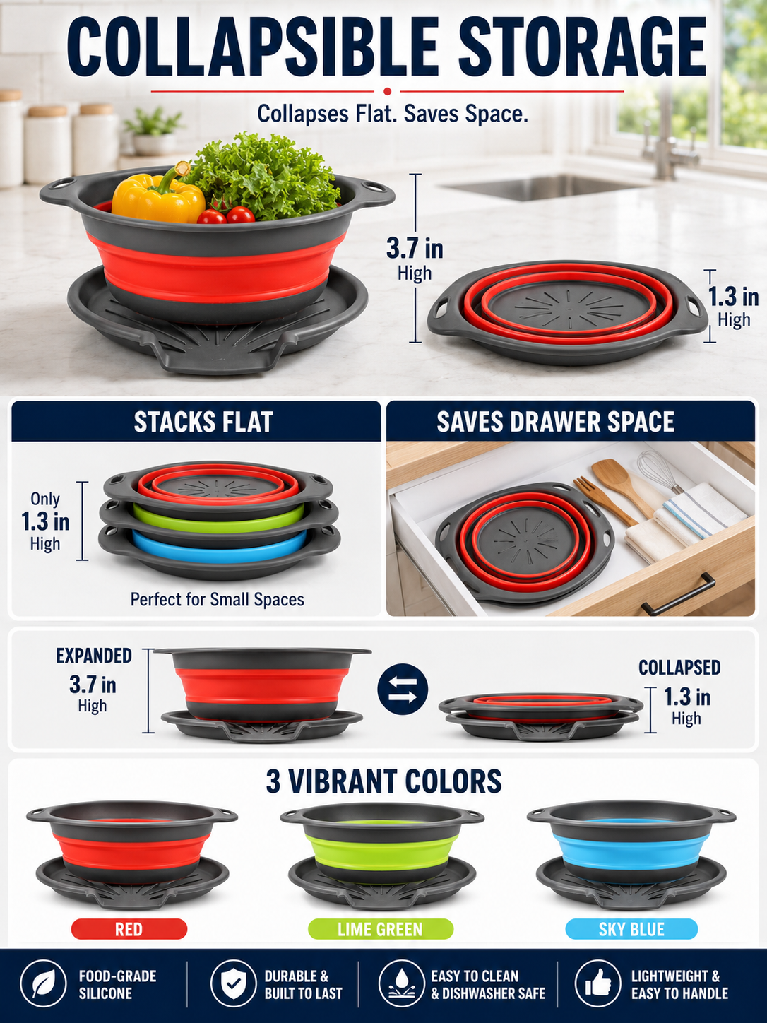 🥗 Collapsible Colander Set – Self-Draining Silicone Strainers with 3 Sizes for Space-Saving Kitchen Prep