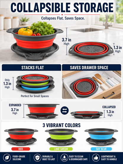 🥗 Collapsible Colander Set – Self-Draining Silicone Strainers with 3 Sizes for Space-Saving Kitchen Prep