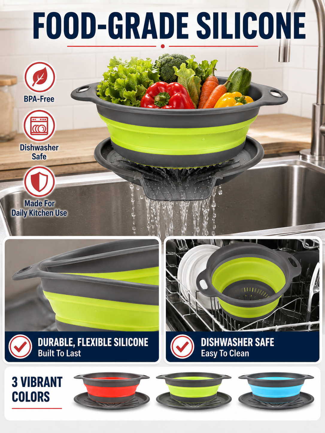 🥗 Collapsible Colander Set – Self-Draining Silicone Strainers with 3 Sizes for Space-Saving Kitchen Prep